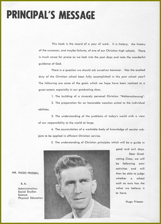 Sharon Mennonite Collegiate Principal's Message 1960
